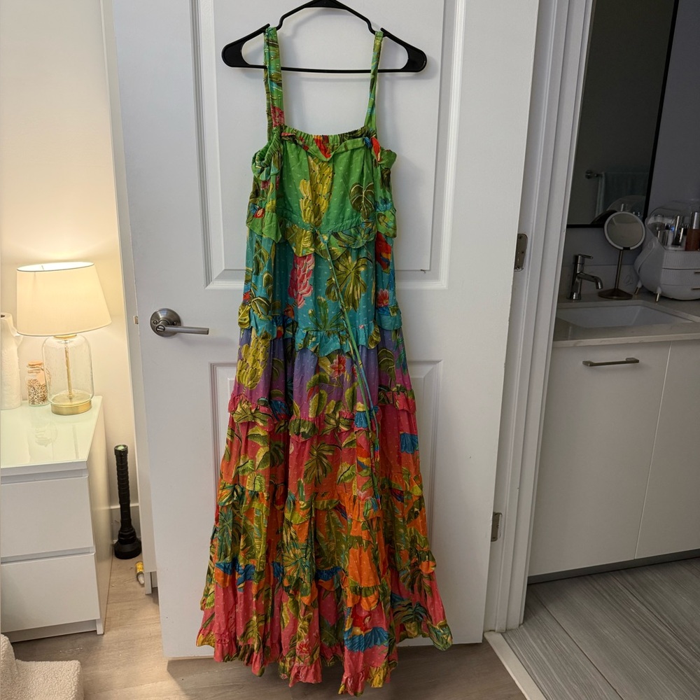 Farm Rio Green Floral dress. Tropical flowers.